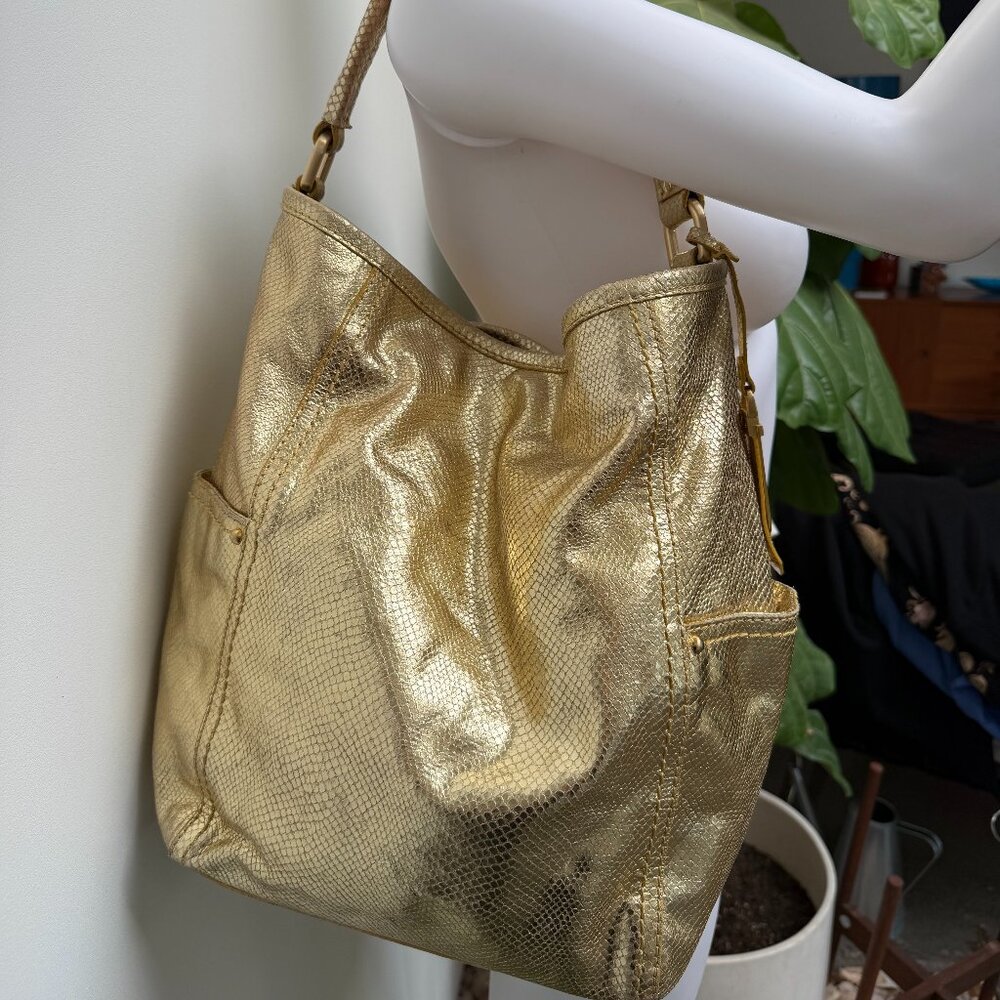COLE HAAN North South Platino Gold Snakeskin Leather Tote Hobo